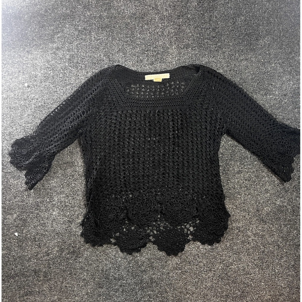 Bette Paige Blouse Women's XL Black Crochet 3/4 Sleeve Bell Sleeve